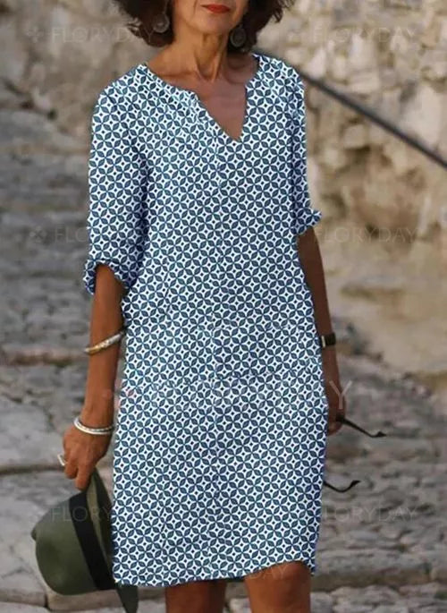 Women’s Knee-Length Dress – Loose Fit – V-Neck – 3/4 Sleeve – Breathable Blend – Geometric Print