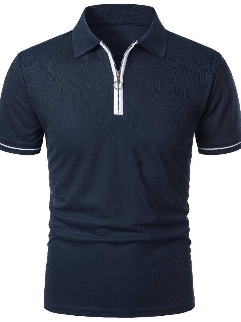 Men’s Polo Shirt – Slim Fit – Short Sleeve – Quarter Zip – Stylish Contrast Detail