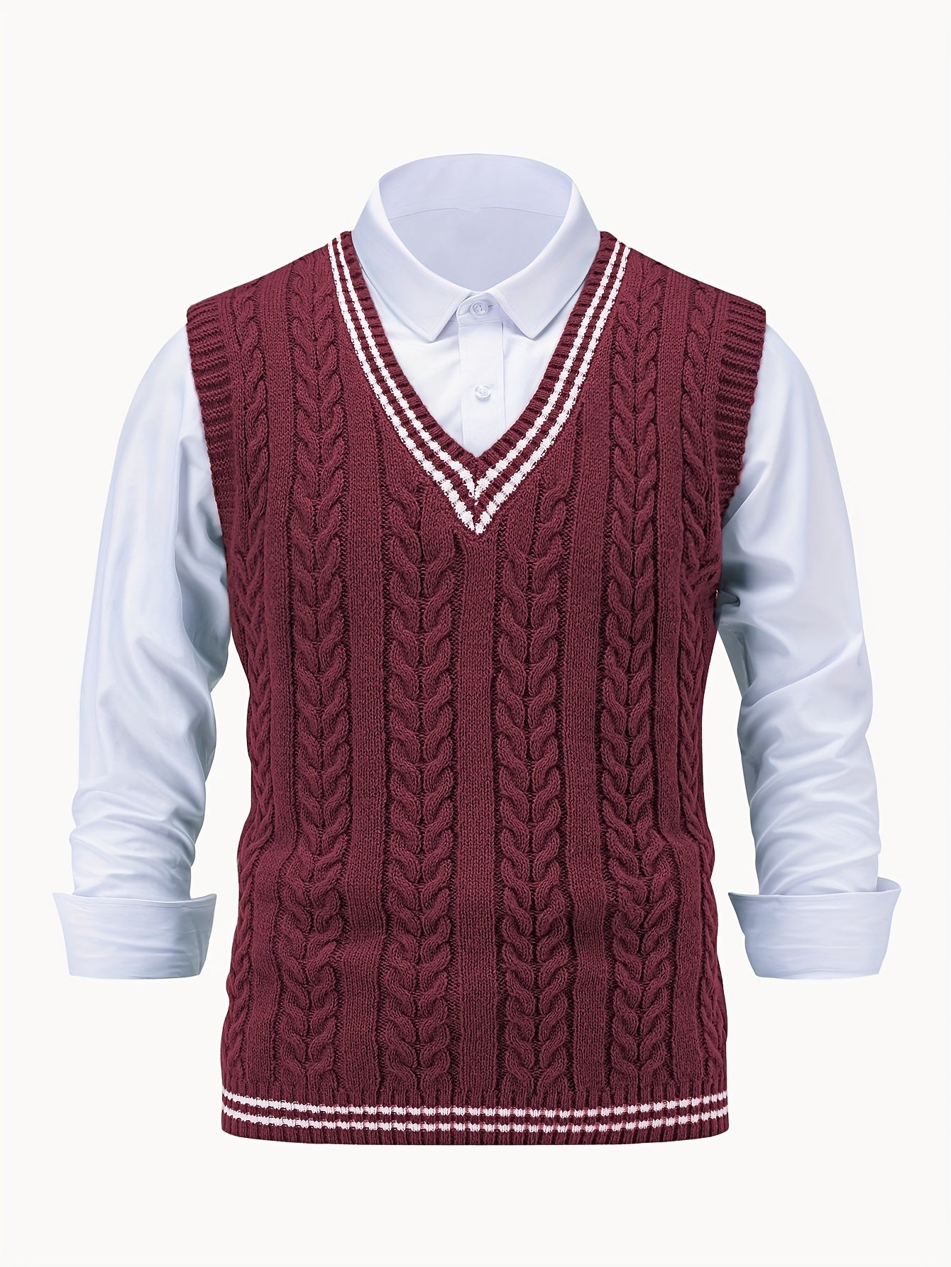 Men’s Sweater Vest - Cable Knit - V-Neck - Ribbed Trim - Classic Knitwear