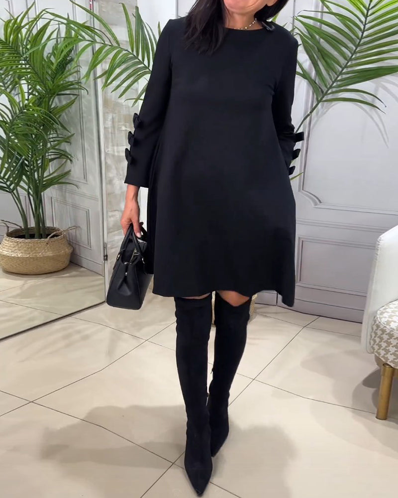 Women's A-Line Dress - Long Sleeve with Bow Detail - Elegant Knee-Length Round Neck