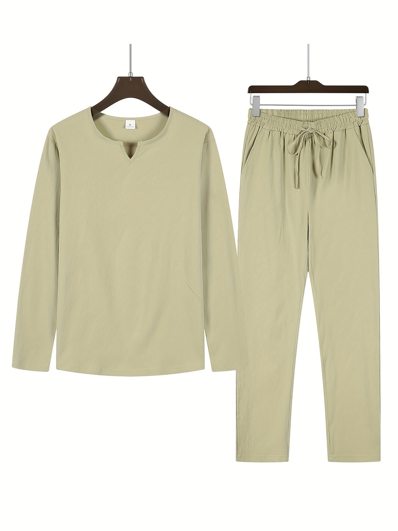 Men's Casual Two-Piece Outfit - V-Neck Long Sleeve Top & Relaxed Fit Trousers