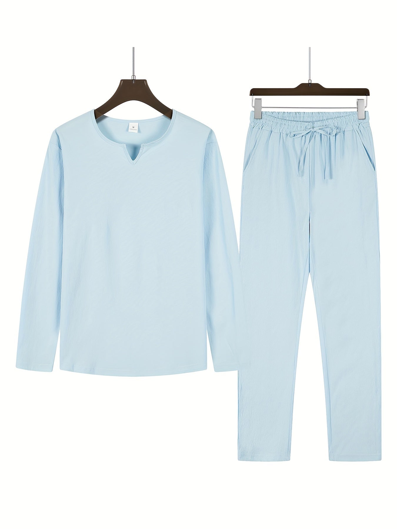 Men's Casual Two-Piece Outfit - V-Neck Long Sleeve Top & Relaxed Fit Trousers
