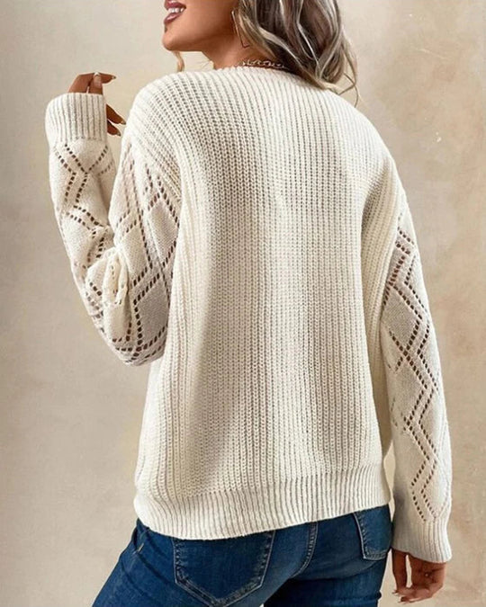 Women’s V-Neck Sweater – Soft Knit – Relaxed Fit – Lace Trim – Open Knit Sleeves