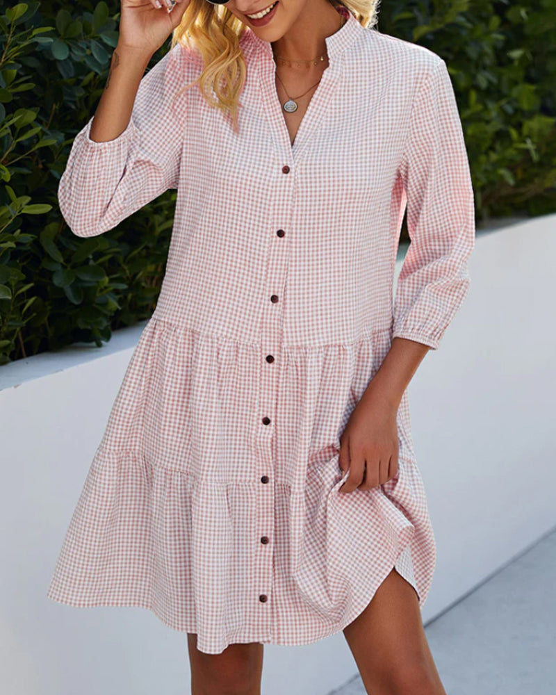 Women’s A-Line Dress – Checked Pattern – Tiered Hem – 3/4 Sleeve – Natural Fibers
