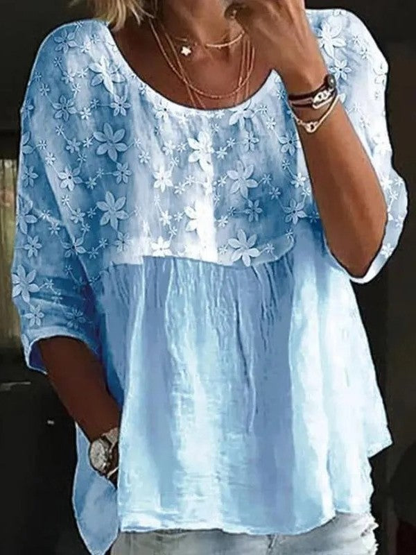 Women’s Loose Fit Shirt – Cotton Lace – Floral Embroidery – Crew Neck – Full Sleeve