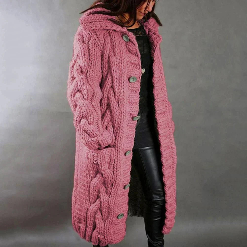Women’s Knit Coat – Oversized Fit – Chunky Cable Wool Blend – Hooded Longline Design