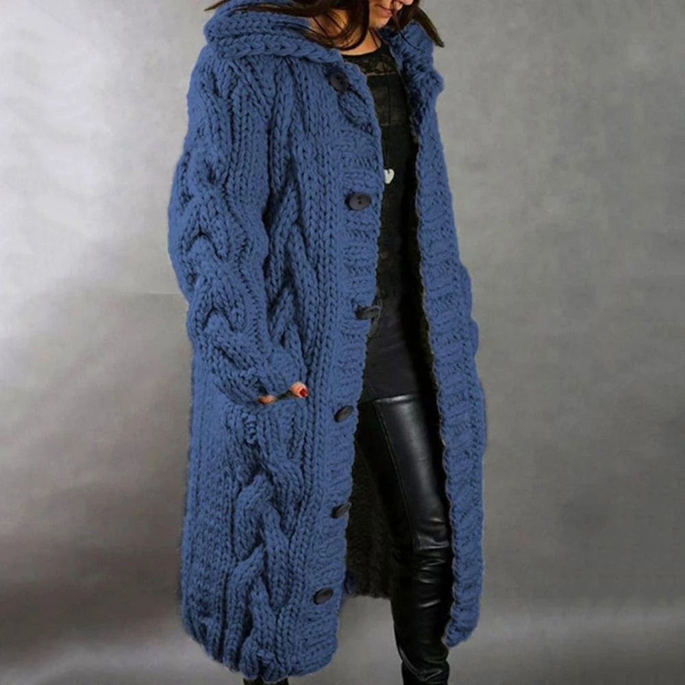 Women’s Knit Coat – Oversized Fit – Chunky Cable Wool Blend – Hooded Longline Design