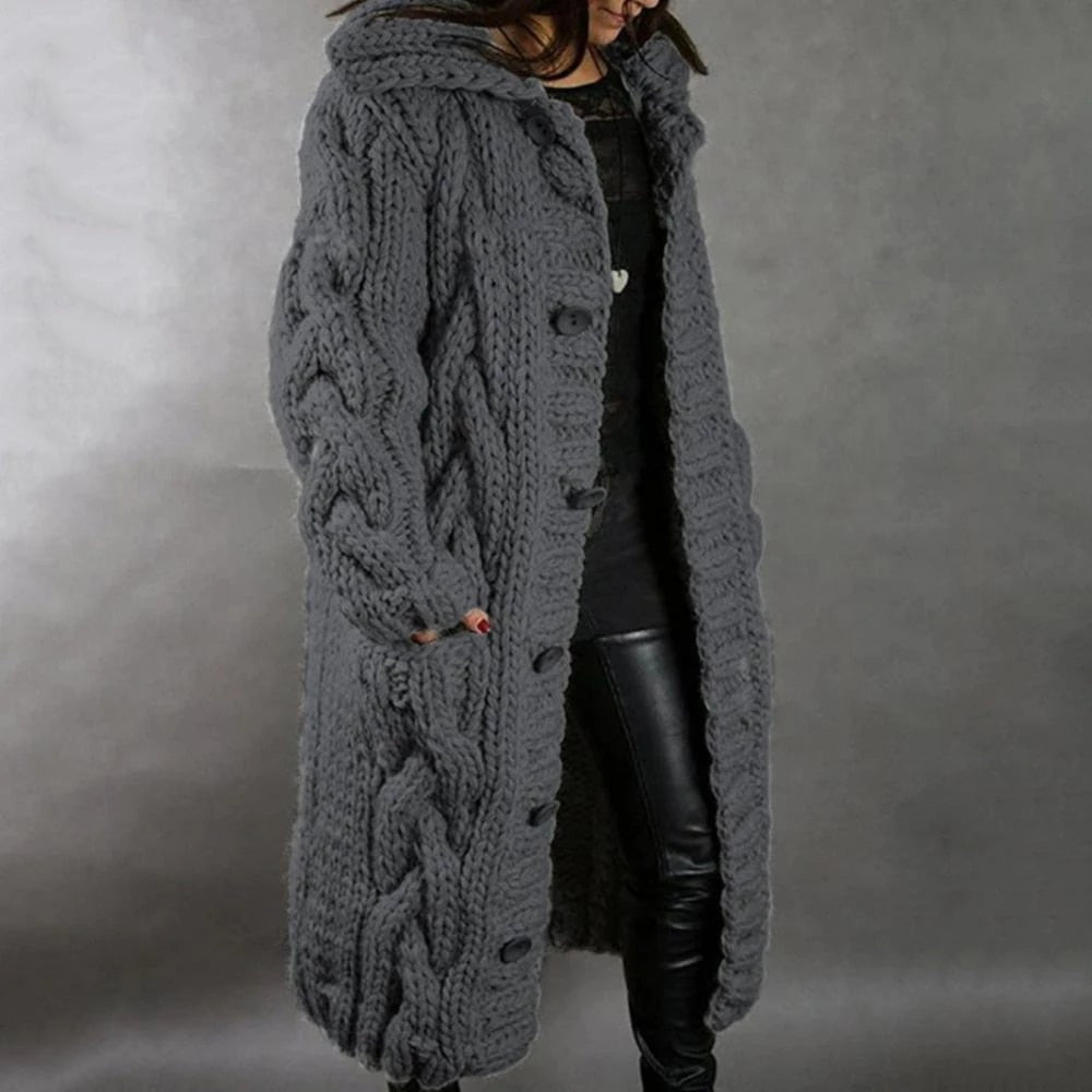 Women’s Knit Coat – Oversized Fit – Chunky Cable Wool Blend – Hooded Longline Design