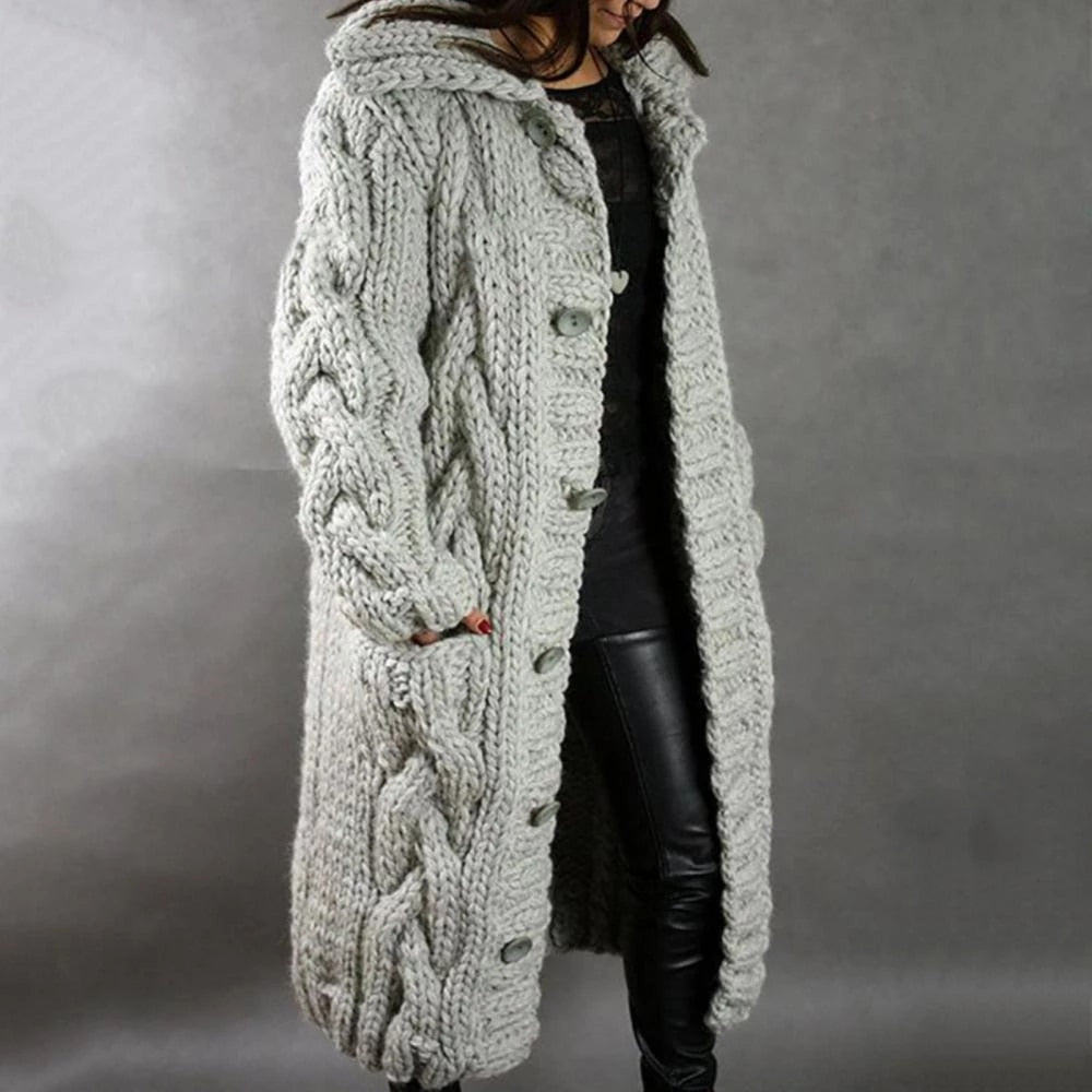 Women’s Knit Coat – Oversized Fit – Chunky Cable Wool Blend – Hooded Longline Design
