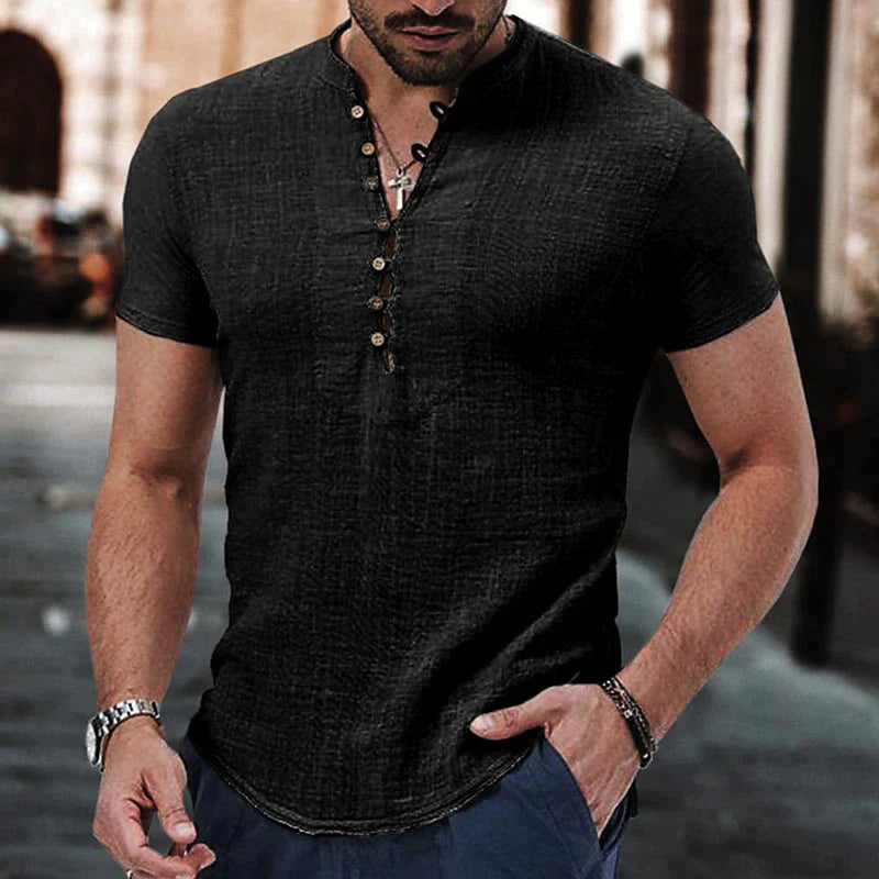 Men’s Henley Shirt - Short Sleeve - Lightweight Breathable Cotton - Buttoned Placket