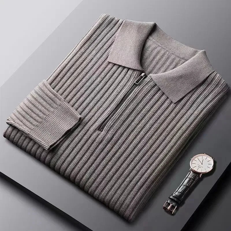 Men’s Pullover Sweater – Wool – Half Zip – Ribbed – Polo Collar – Regular Fit