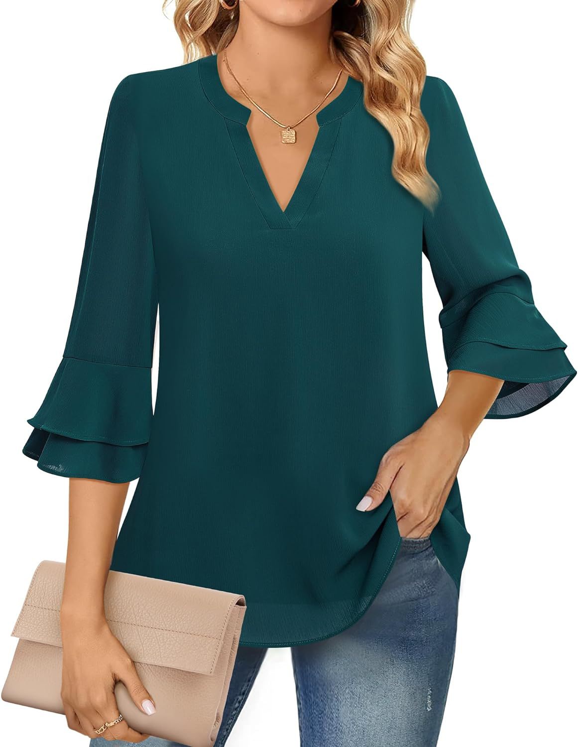 Ruffle sleeve blouse with V-neckline for women