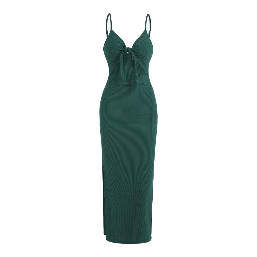 Women's Maxi Dress - Ribbed Knit - Spaghetti Strap - Cut-Out Front Knot Detail