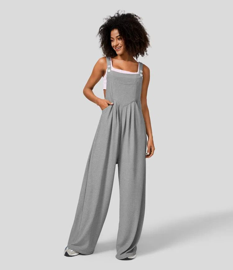 Women's Wide-Leg Overalls - Relaxed Fit - Button Strap - Casual Lightweight Wear
