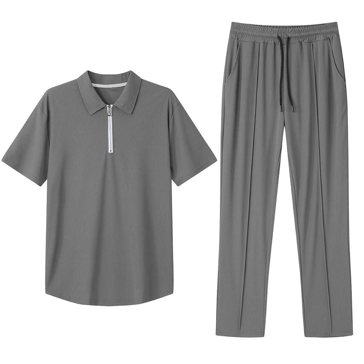 Men's Polo Shirt & Track Trousers - Zip Neck - Short Sleeve - Elastic Waist - Casual Fit