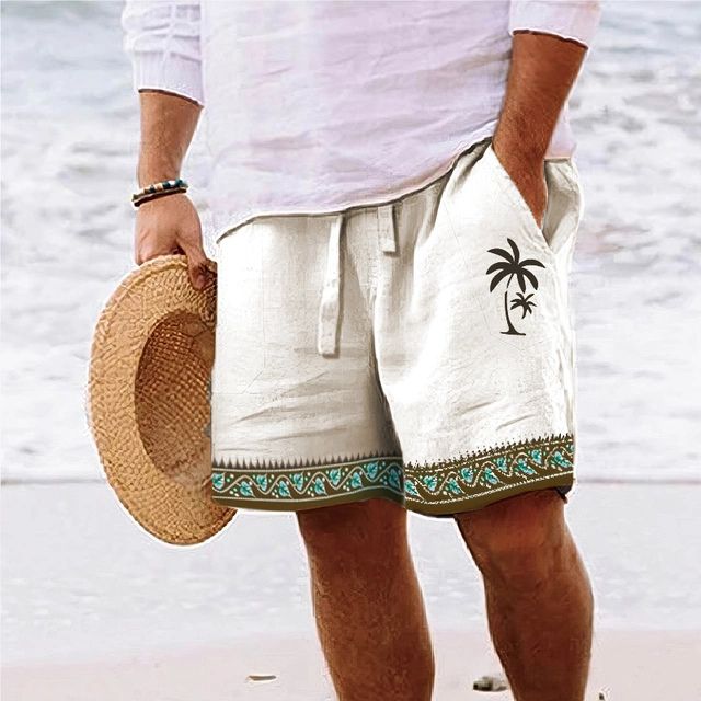 Men’s Beach Shorts – Relaxed Fit – Graphic Palm Print – Breathable Blend – Knee Length