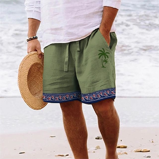 Men’s Beach Shorts – Relaxed Fit – Graphic Palm Print – Breathable Blend – Knee Length