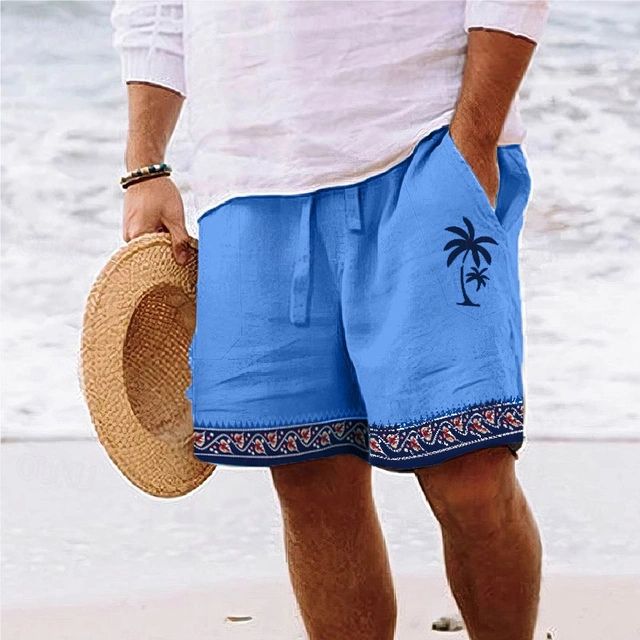 Men’s Beach Shorts – Relaxed Fit – Graphic Palm Print – Breathable Blend – Knee Length