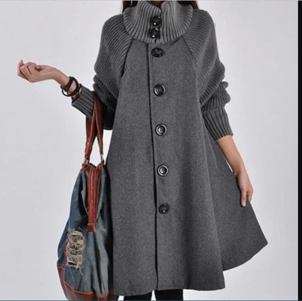 Women’s High-Neck Coat – Wool Blend – Oversized Fit – Ribbed Cuffs – Button Front