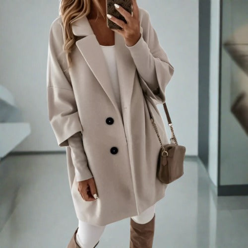 Women’s Overcoat – Relaxed Fit – Wool Texture – Mid Length – Classic Lapel – Button Front