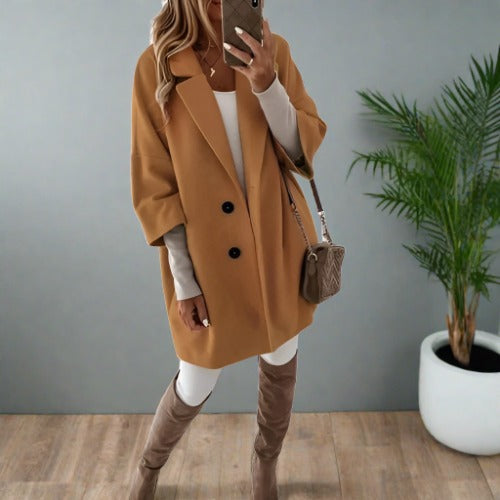 Women’s Overcoat – Relaxed Fit – Wool Texture – Mid Length – Classic Lapel – Button Front