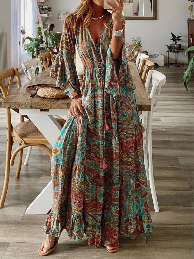Women’s Maxi Dress - Deep V-Neck - Button Front - Bell Sleeves - Boho Ruffle Hem