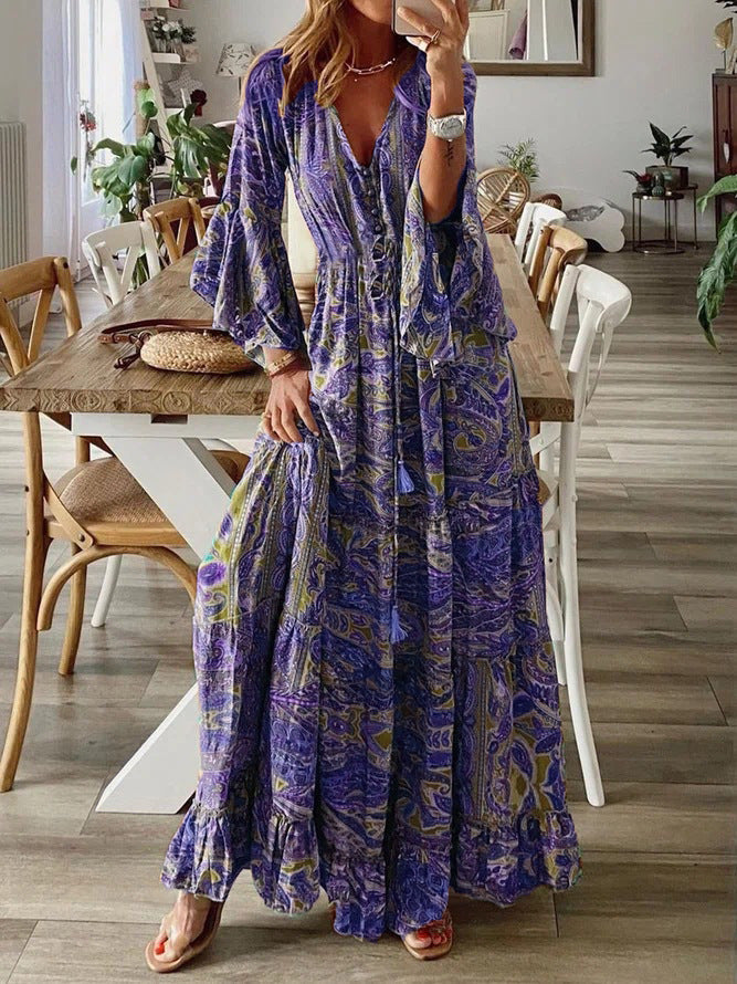 Women’s Maxi Dress - Deep V-Neck - Button Front - Bell Sleeves - Boho Ruffle Hem