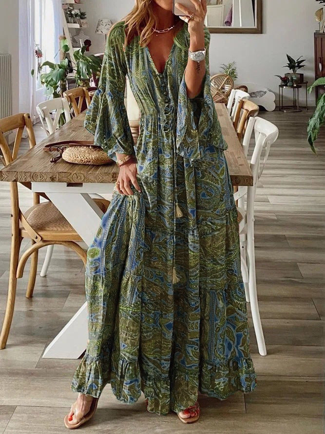 Women’s Maxi Dress - Deep V-Neck - Button Front - Bell Sleeves - Boho Ruffle Hem