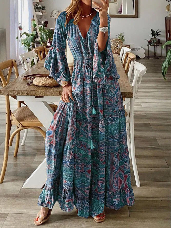 Women’s Maxi Dress - Deep V-Neck - Button Front - Bell Sleeves - Boho Ruffle Hem