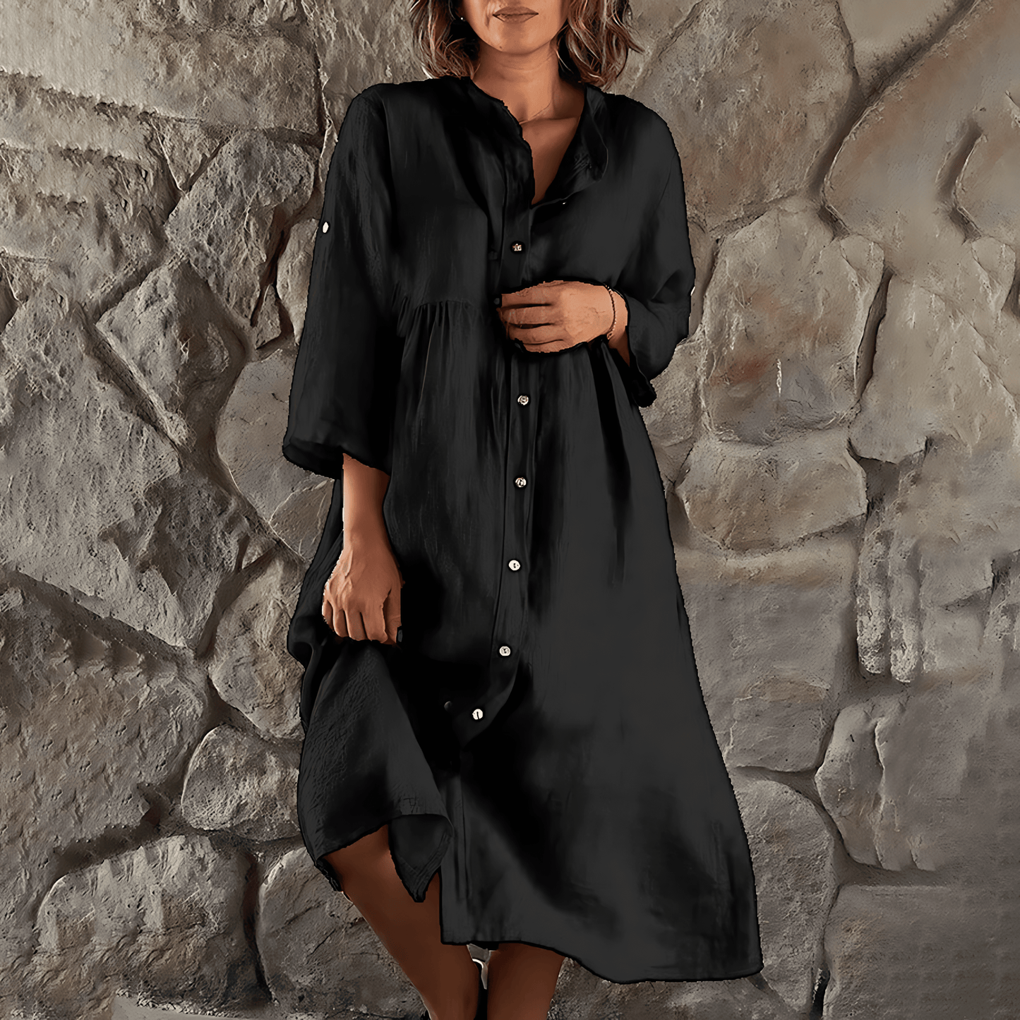 Women's Shirt Dress - Midi Length - 3/4 Sleeve Button-Up - Relaxed Fit - Lightweight Fabric