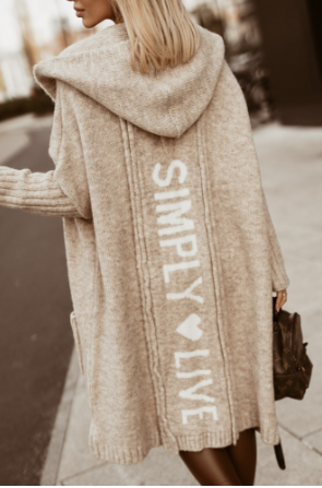 Women’s Long Coat – Knitted Wool – Oversized Fit – Hooded – Graphic Back – Ribbed Cuffs