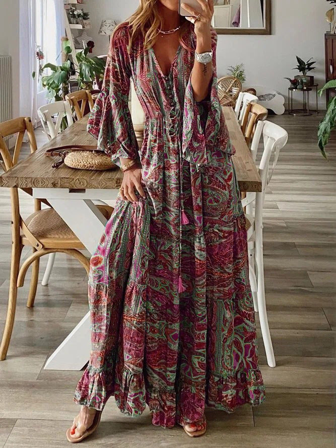 Women’s Maxi Dress - Deep V-Neck - Button Front - Bell Sleeves - Boho Ruffle Hem