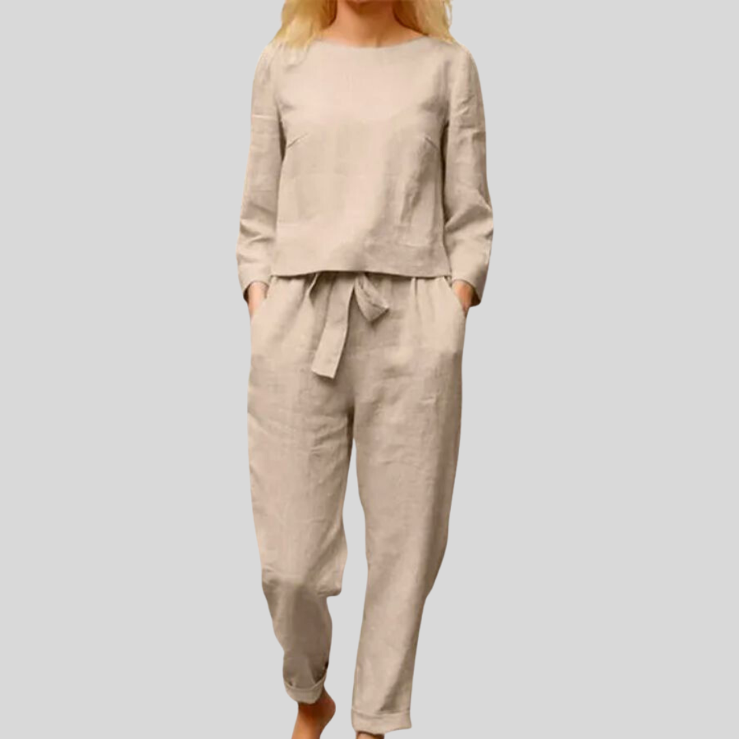 Women's Linen 2-piece set long sleeve shirt elastic waistband pencil pants