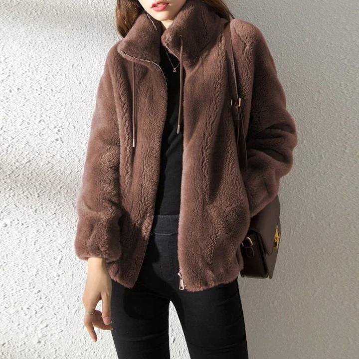 Women’s Fleece Jacket – Oversized Relaxed Fit – Reversible – Zip Front – High Collar