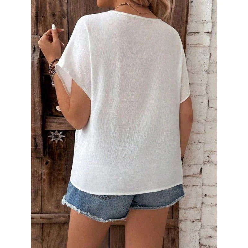 Women’s V-Neck Shirt – Relaxed Fit – Lace Trim – Front Tie Hem – Breathable Fabric
