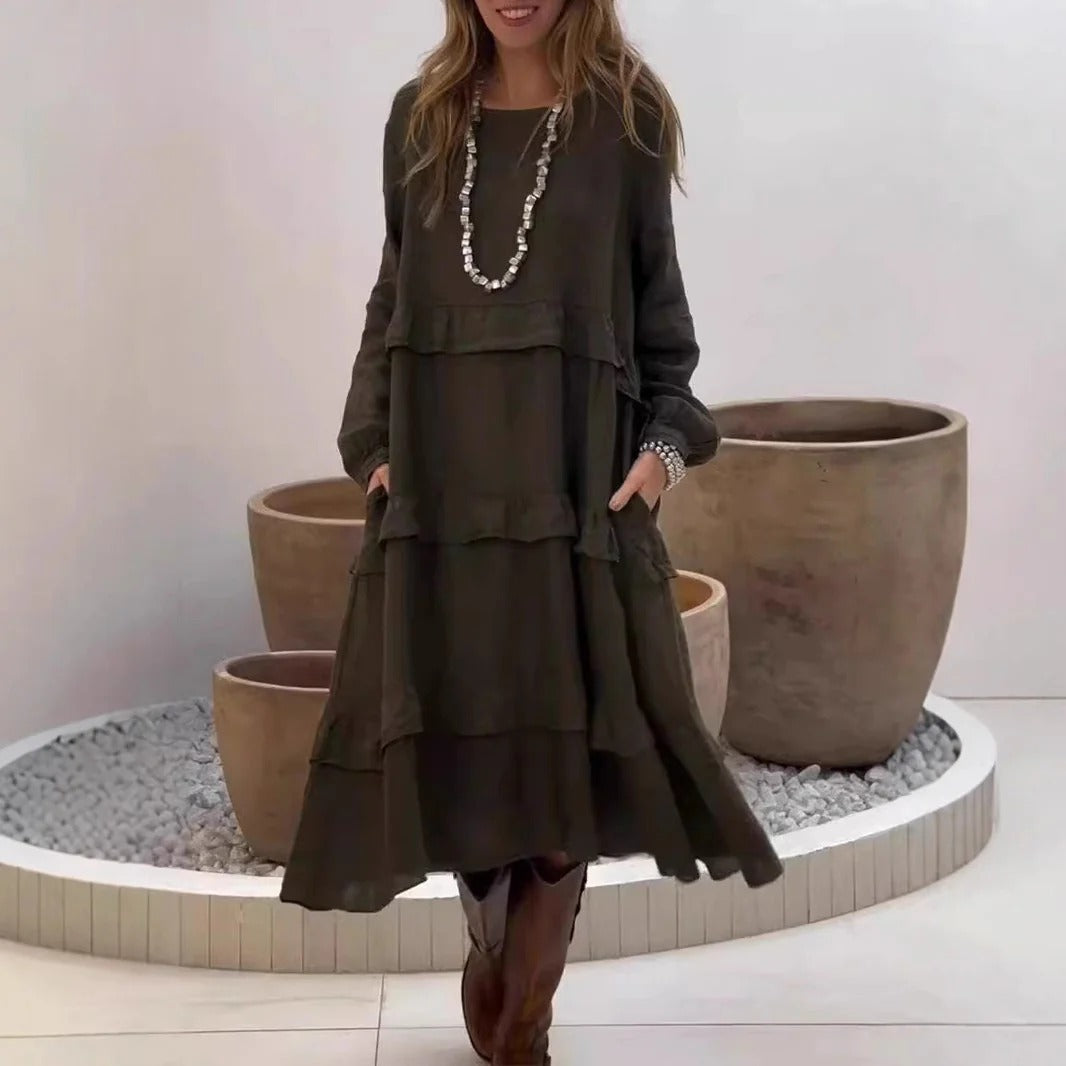 Women’s Maxi Dress – Linen – A-Line Fit – Ruffled Sleeves – Tiered Modest Style