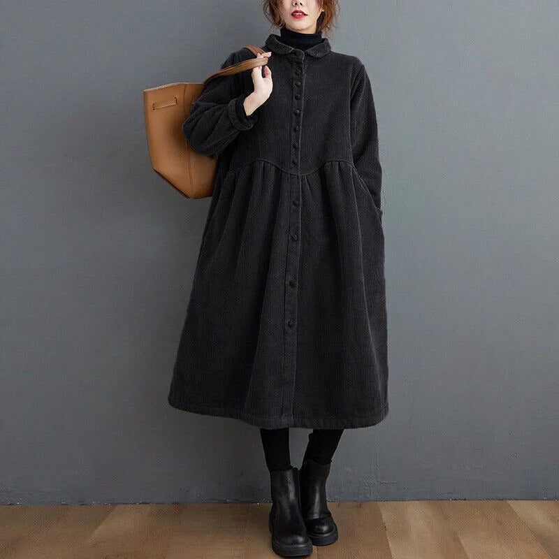 Women’s Corduroy Coat – Oversized Fit – Button Down – Calf Length – Ribbed Texture