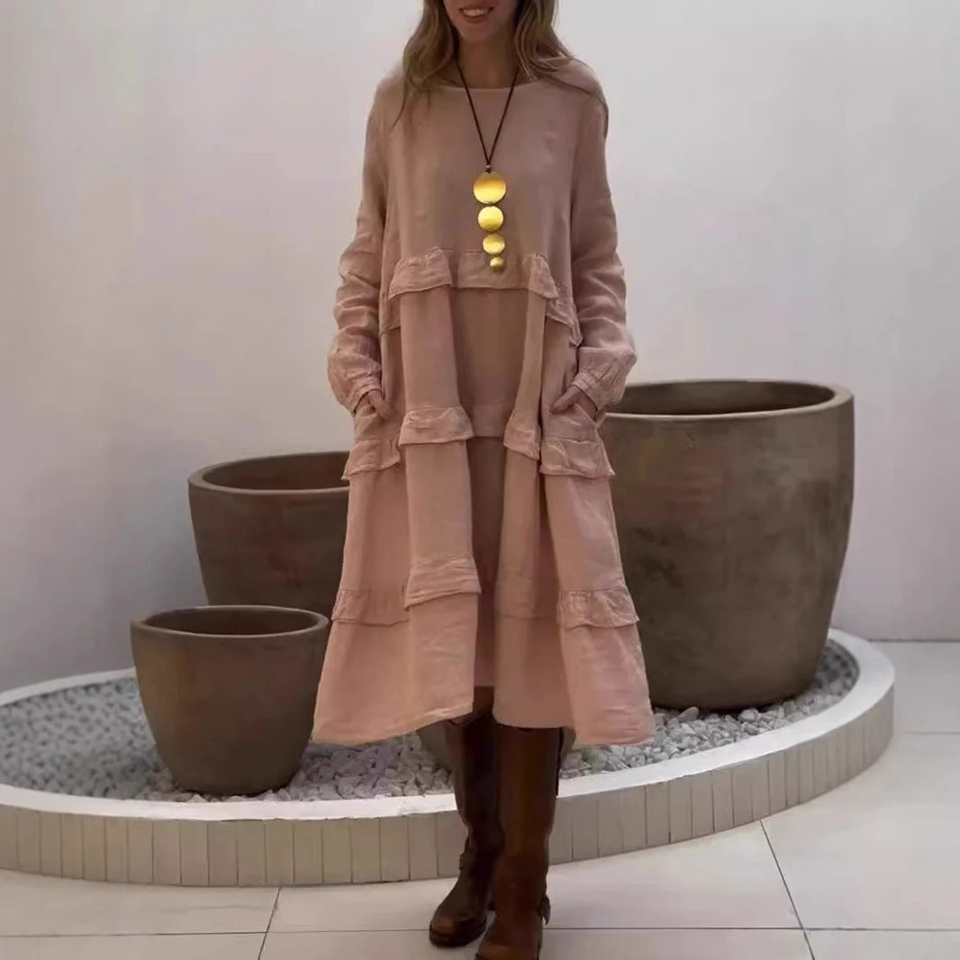 Women’s Maxi Dress – Linen – A-Line Fit – Ruffled Sleeves – Tiered Modest Style