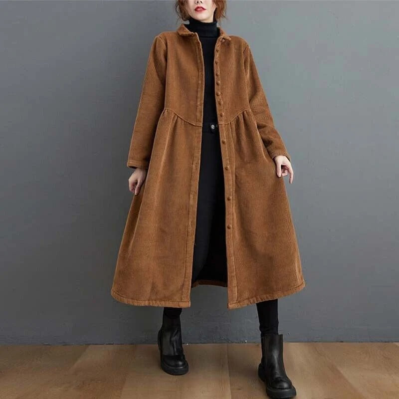 Women’s Corduroy Coat – Oversized Fit – Button Down – Calf Length – Ribbed Texture