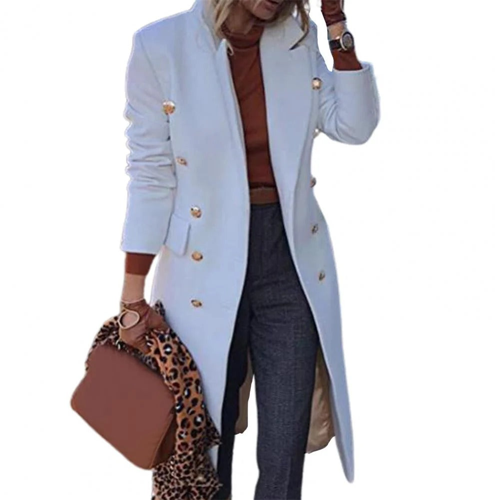 Women’s Double-Breasted Coat – Wool Blend – Tailored Fit – Knee Length Formal Wear
