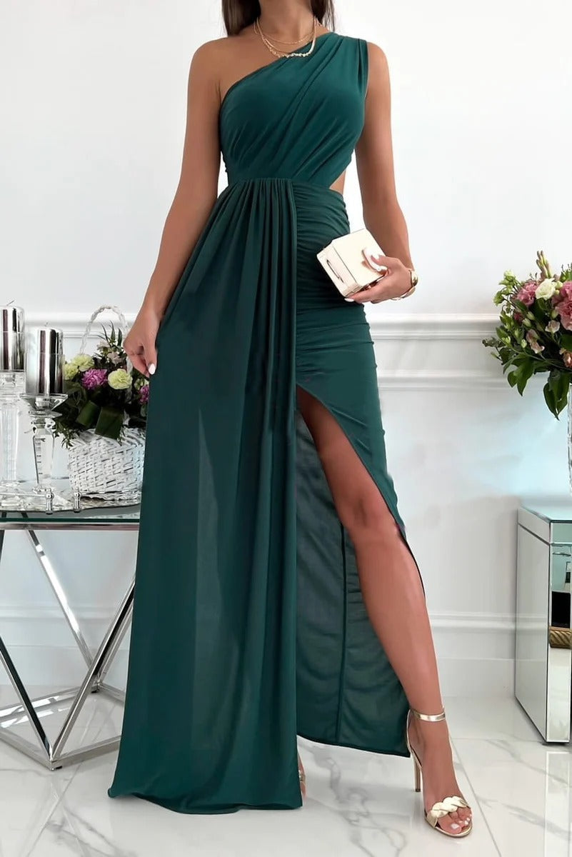 Women’s Maxi Dress – One Shoulder – Draped Bodice – Cut-Out Waist – Side Slit Fit