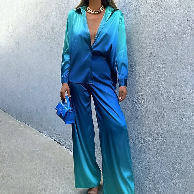 Women’s Two-Piece Set – Satin – Relaxed Fit – Belted Waist – Wide Leg – Long Sleeve