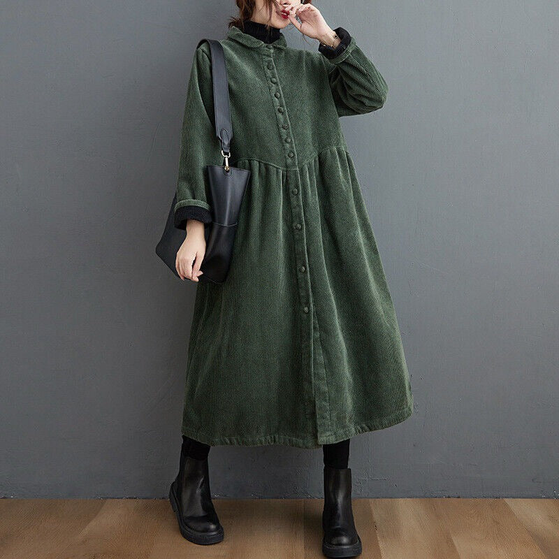 Women’s Corduroy Coat – Oversized Fit – Button Down – Calf Length – Ribbed Texture