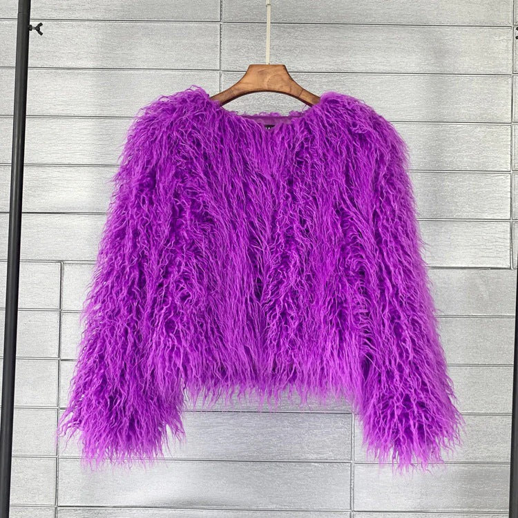 Women’s Short Jacket – Oversized Fit – Shaggy Faux Fur Texture – Cropped Style
