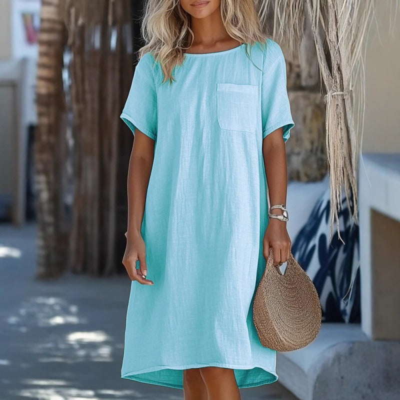 Women’s Midi Dress – Relaxed Fit – Cotton Linen – Round Neck – Short Sleeve – Chest Pocket