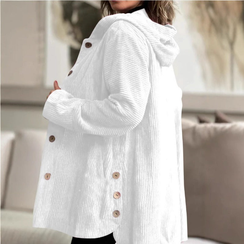 Women’s Hooded Jacket – Corduroy – Loose Fit – Button Front – Mid-Thigh Length