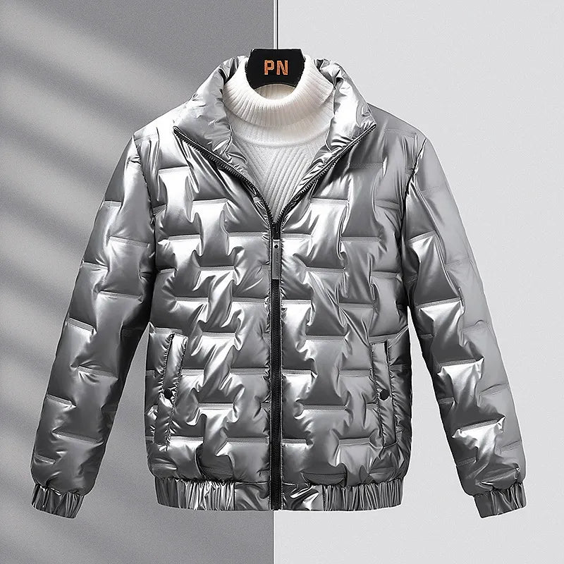 Men’s Coat – Slim Fit – Quilted Shiny Finish – Stand Collar – Ribbed Cuffs & Hem