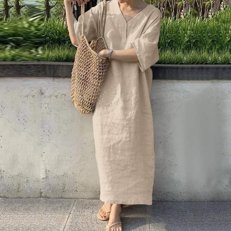 Women’s Maxi Dress – Relaxed Fit – Cotton Linen – V-Neck – Short Sleeve Casual Wear