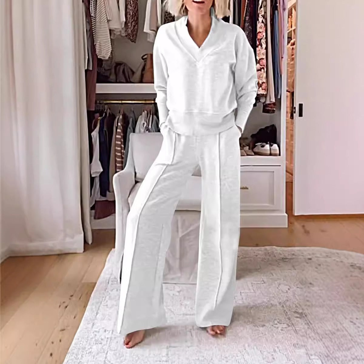 Women’s Two-Piece Set – V-Neck Long Sleeve Top – High Waist Wide-Leg Knit Pants