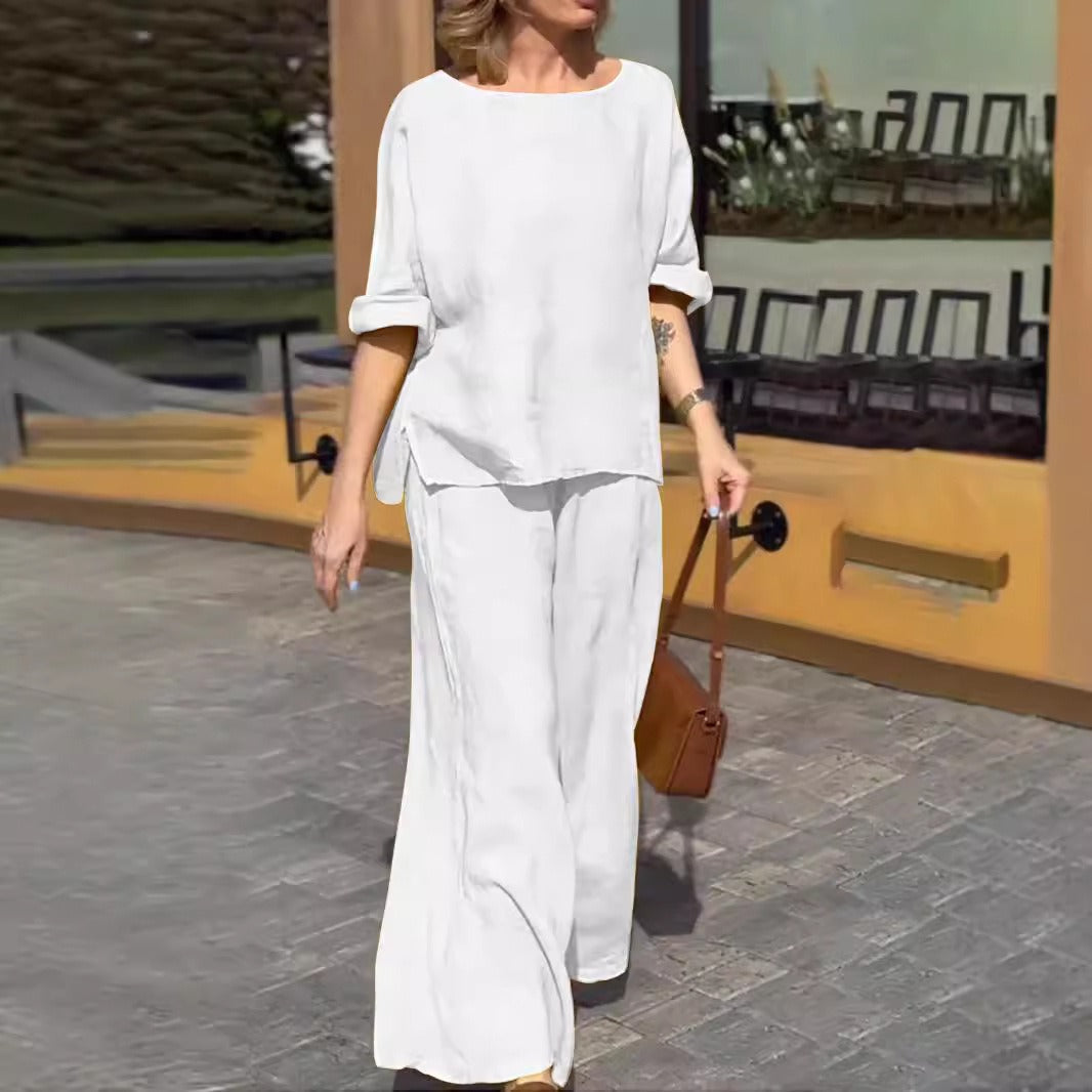 Women’s Two-Piece Set – Relaxed Fit – Cotton Linen – Wide Leg Trousers – Short Sleeve Top